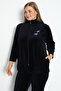 Navy Blue Zippered Cotton Velvet Stone Detailed Long Sleeve Plus Size Top and Bottom Set - 5