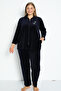 Navy Blue Zippered Cotton Velvet Stone Detailed Long Sleeve Plus Size Top and Bottom Set
