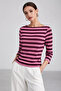 Women's Pink Striped Boat Neck Above Ankle Long Sleeve Blouse - 4