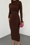 Long Sleeve Flexible Sandy Fabric Mock Neck Transparent Low-Cut Midi Length Brown Evening Dress 10957 - 5