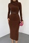 Long Sleeve Flexible Sandy Fabric Mock Neck Transparent Low-Cut Midi Length Brown Evening Dress 10957 - 4