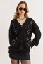 Women's Black Embroidery Detailed Long Knit Cardigan Hrk-19000465