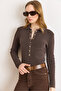 Women's Brown Polo Collar Pullover with Snap Detail and Soft Texture Kzk-19001136 - 6