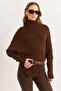 Women's Brown Turtleneck Asymmetrical Poncho Sweater Kzk-19001145 - 2