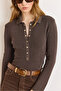 Women's Brown Polo Collar Pullover with Snap Detail and Soft Texture Kzk-19001136 - 5