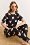 Women's Black Teddy Bear 100% Cotton Short Sleeve Tight Leg Pajama Set Pjm-00000028 - 6