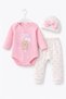 Heart Bow Teddy Bear Baby Girl Transitional Salmon 3-Piece Set Bodysuit-Pants-Beanie - 4
