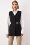 Women's V-Neck Sleeveless Fitted Plain Woven Belt Detailed Vest Regular Length Lined Finike Fabric - 5