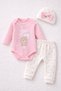 Heart Bow Teddy Bear Baby Girl Transitional Salmon 3-Piece Set Bodysuit-Pants-Beanie - 6