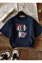 Women's Stylish Design Chic Lettered Crew Neck Navy Blue T-Shirt