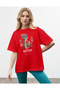 Women's Portrait Printed Floral Detailed Red T-Shirt