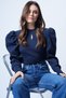 Navy Blue Crew Neck Low-Cut Princess Sleeve Knitwear Blouse Alc-X13069 - 2