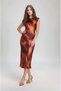 Women's Crescent Sleeve Crew Neck Asymmetrical Skirt Satin Elegant Midi Evening Dress - 6