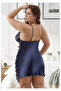 Women's Navy Blue Plus Size Satin Nightgown - Bustier Formed Plus Size Home Wear - 2