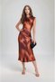 Women's Crescent Sleeve Crew Neck Asymmetrical Skirt Satin Elegant Midi Evening Dress - 5