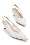 Women's Short Heeled Evening Dress Shoes White Sequined Mesh Open Heel