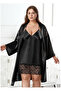 Plus Size Satin Nightgown and Robe Set - Black Lace Detailed 2-Piece Plus Size Set - 2
