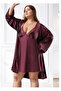 Plus Size Satin Nightgown and Robe Set - Plum Lace Embroidered 2-Piece Plus Size Set - 2