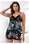 Women's Plus Size Black Satin Shorts Pajama Set with Floral Pattern and Lace