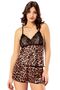 Lace Detailed Thin Strap Leopard Satin Shorts Set Mlrs-3048