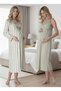 New Season Green Striped Summer Lace Detailed Strap Stylish Maternity Dressing Gown Nightgown Set