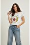 Women's White Eclipse Sun and Moon Printed Lettuce Edge Crop T-Shirt - Cotton Stretch Knitted Blouse - 2