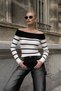 White Black Striped Boat Neck Corded Fabric Knitwear Blouse - 6