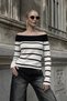 White Black Striped Boat Neck Corded Fabric Knitwear Blouse - 7