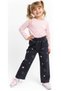 Girl's Pink Heart Embroidered Dark Smoked Color Trousers with Elastic Waist - 2