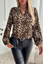 New Season Women's Long Sleeve V-Neck Modal Leopard Patterned Blouse - 7