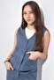 Indigo Pocketed Linen Vest Set High-Waist Pants Girls' Top and Bottom Set 23547 - 2