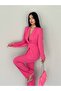 Women's Blazer Jacket Trousers Two-Piece Set Belted Fuchsia - 2
