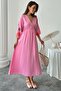 Pink V-Neck Balloon Sleeve Drawstring Lined Long Dress VS00669 - 5