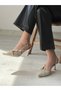 Beige Patent Leather Pointed Toe Belt Detailed 8 cm Heeled Shoes - 4