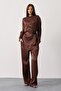 Coffee Rose Brooch Belted Asymmetrical Cut Blouse and Elastic Waist Pants Satin Suit Vs01139