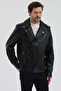 Men's Black Color Genuine Leather Jacket with Belted Waist - 2