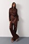 Coffee Rose Brooch Belted Asymmetrical Cut Blouse and Elastic Waist Pants Satin Suit Vs01139 - 4