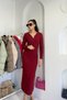 Collar Silver V Detail Corded Fabric Long Dress - Burgundy Bordo