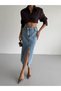 New Season Slit Detailed Women's Midi Length Light Blue Skirt 52202075 - 8