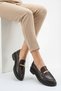Brown Genuine Leather Women's Loafer Shoes with Gold Buckle Detail, Masculine Style Loafers with Gold Buckle