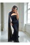 Valentina Beaded Sequin Embroidered Cape Navy Blue Designer Evening Dress - 3