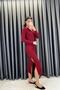 Collar Silver V Detail Corded Fabric Long Dress - Burgundy Bordo - 8