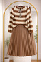 Women's Striped Sweater with Scarf and Pleated Leather Skirt Set - 3