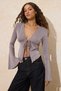 Stone Fitted/Fitted to the Body V-Neck Long Sleeve Tie Detail Buzzy Knitted Blouse Twoss26Bz00184 - 2