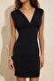 Siyah Düz Bodycon V Yaka Kolsuz Büzgülü Mini Esnek Örme Elbise TWOSS26EL00029 - 3
