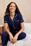 Navy Blue Piped Pocket Detailed Viscose Knitted Pajama Set Thmss26Pt00047 - 4