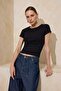 Siyah Fitted/Vücuda Oturan Kayık Yaka Kısa Kollu Crop Pamuk Ribana Örme Bluz TWOSS26BZ00276