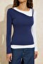 Navy Blue Double-Look Regular Fit Long Sleeve Cotton Ribbed Knitted Blouse Twoss26Bz00231 - 3