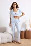Mavi 3'lü Ekoseli Kirazlı Şerit Detaylı Örme Pijama Takımı THMSS26PT00062