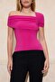 Fuchsia Slim Asymmetric Neckline One Sleeve Short Sleeve Shirred Stretchy Knitted Blouse Twoss26Bz00169 - 3